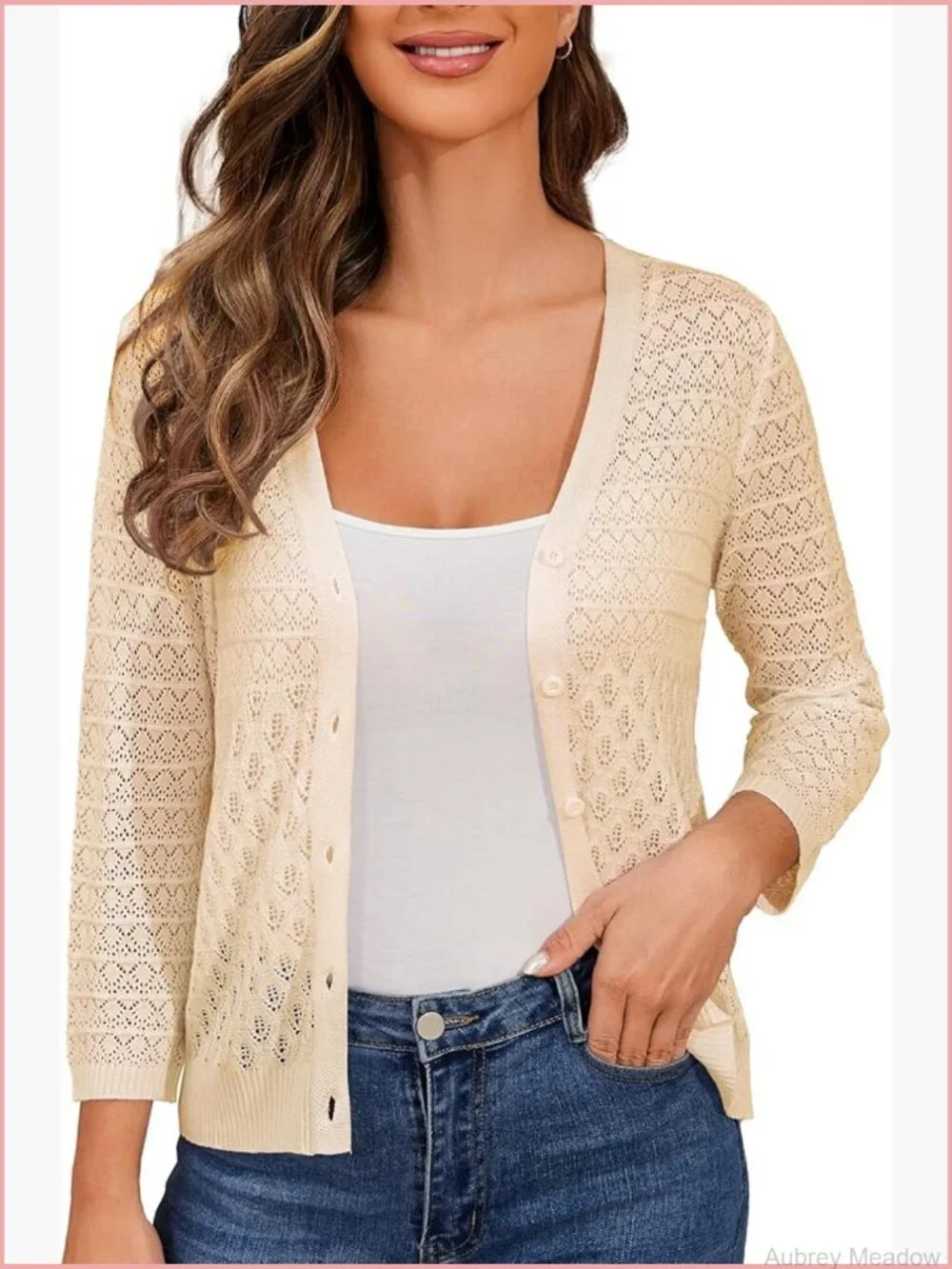 Lightweight Crochet Cardigan 3/4 Sleeve Cropped V Neck Button Shrug Knit Sweater - Picture 1 of 6